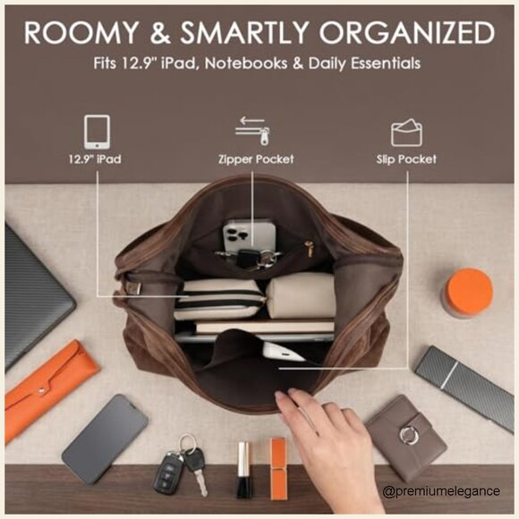 Large Slouchy Hobo Tote Bag with Zipper & Tassel, Faux Suede Shoulder Purse - Picture 4 of 7